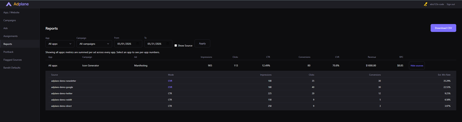 Adplane Reports view showing the BND-02 per-source drill-down panel. Columns: Source, Impressions, Clicks, Est. Win Rate. Sources sorted by win rate descending.